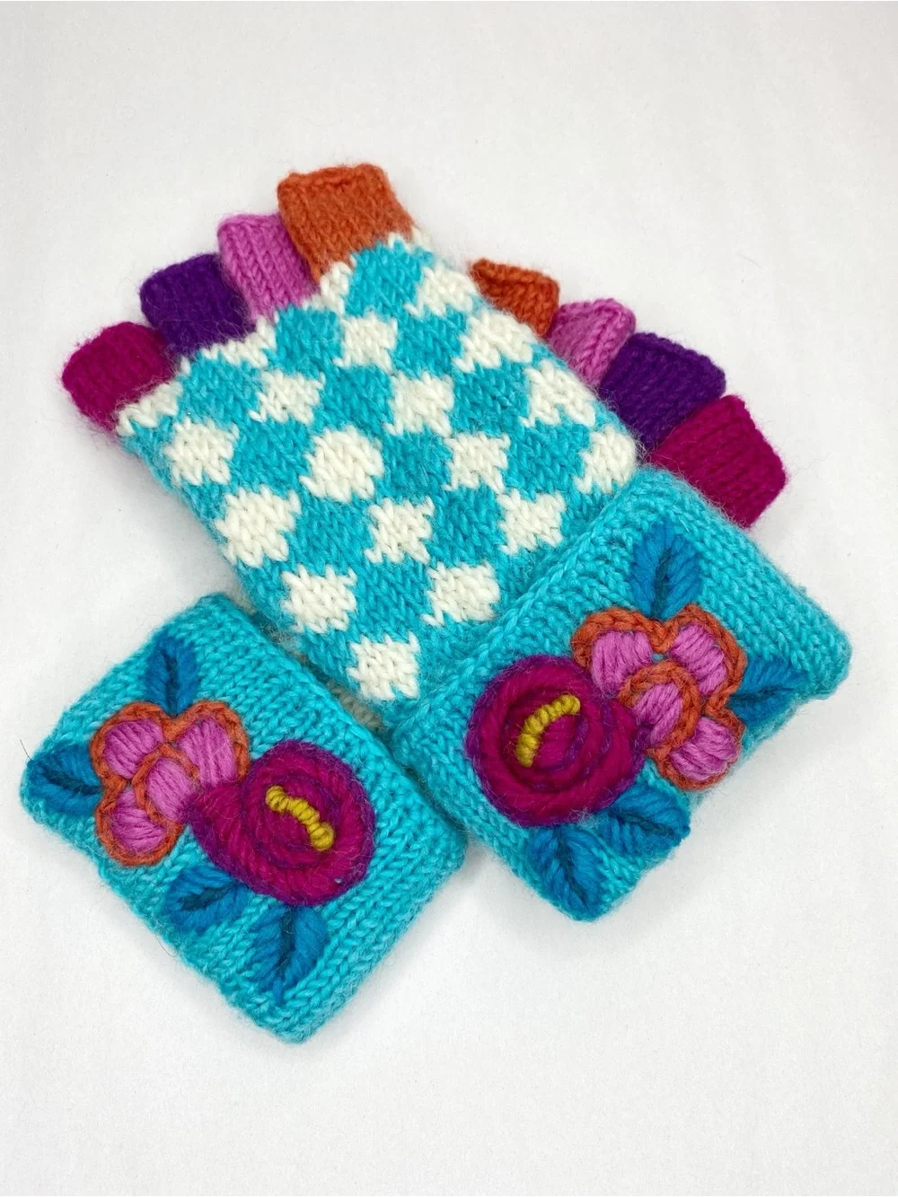 Handmade Knit Fingerless Gloves Floral Embroidery Cottagecore One Size